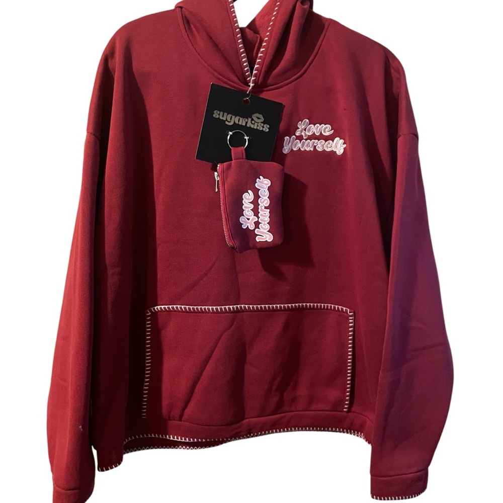 Sugar Kiss NWT Size Large Burgundy Love Yourself Hoodie Sweater -